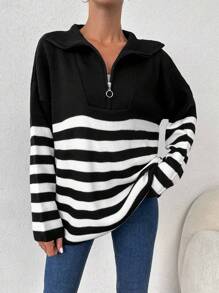EURMUSE Striped Pattern Quarter Zip Drop Shoulder Sweater - Black and White - View 1