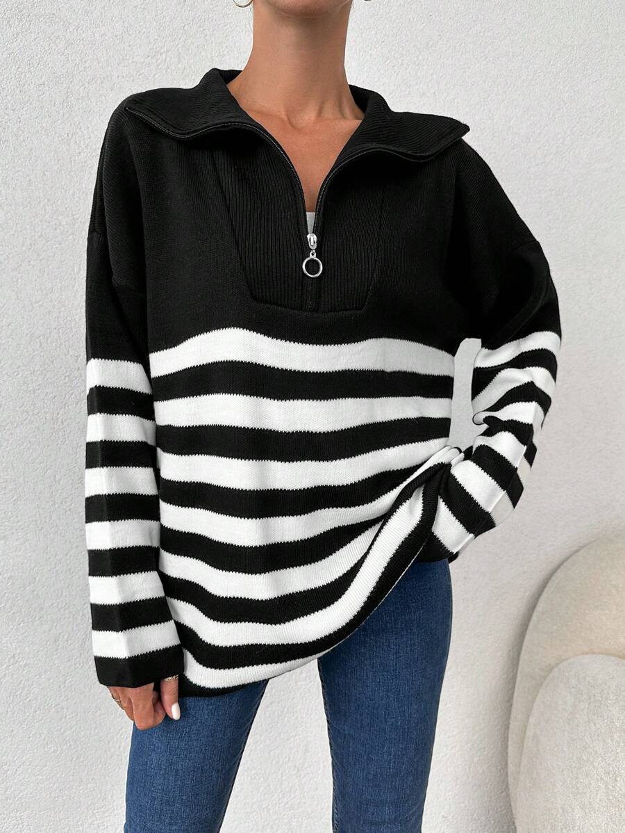 EURMUSE Striped Pattern Quarter Zip Drop Shoulder Sweater - Black and White - View 1
