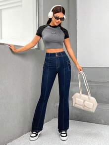 SHEIN EZwear Túi có nắp Quần ống loe - Rửa tối - Xem 2