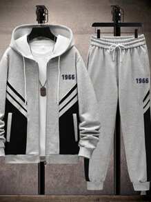 Men Letter Graphic Zip Up Drawstring Hoodie & Sweatpants Without Tee - Grey - View 1
