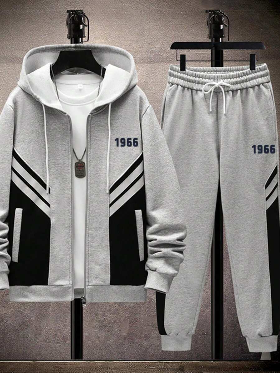 Men Letter Graphic Zip Up Drawstring Hoodie & Sweatpants Without Tee - Grey - View 1