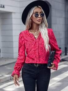 SHEIN LUNE 滿版印花荷葉袖襯衫 - 玫紅色 - 查看 4