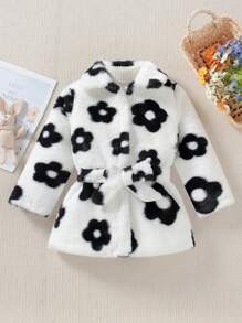 SHEIN Young Girl 1pc Floral Pattern Belted Teddy Coat - Black and White - View 1