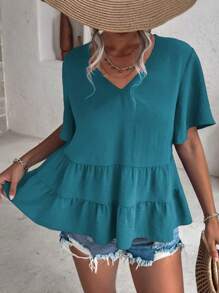 Breezaya Chất rắn Xù Hoa Sen Áo sơ mi - Màu xanh ngọc - Xem 4