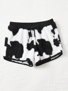 SHEIN EZwear Hơn In hoa bò Eo dây rút Teddy Quần short - Đen và trắng - Xem 3