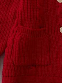 女嬰插肩袖麻花編織開襟衫 - 紅色 - 查看 4