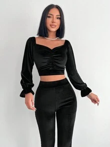 RueChic Sweetheart Neck Ruched Crop Top & Flare Leg Pants - Black - View 5