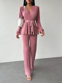 EURMUSE 燈籠袖腰帶上衣和褲子 - 藕粉色 - 查看 3