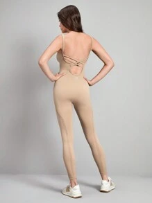 In My Nature Solid Criss Cross Back Tank Bodysuit - Khaki - View 2