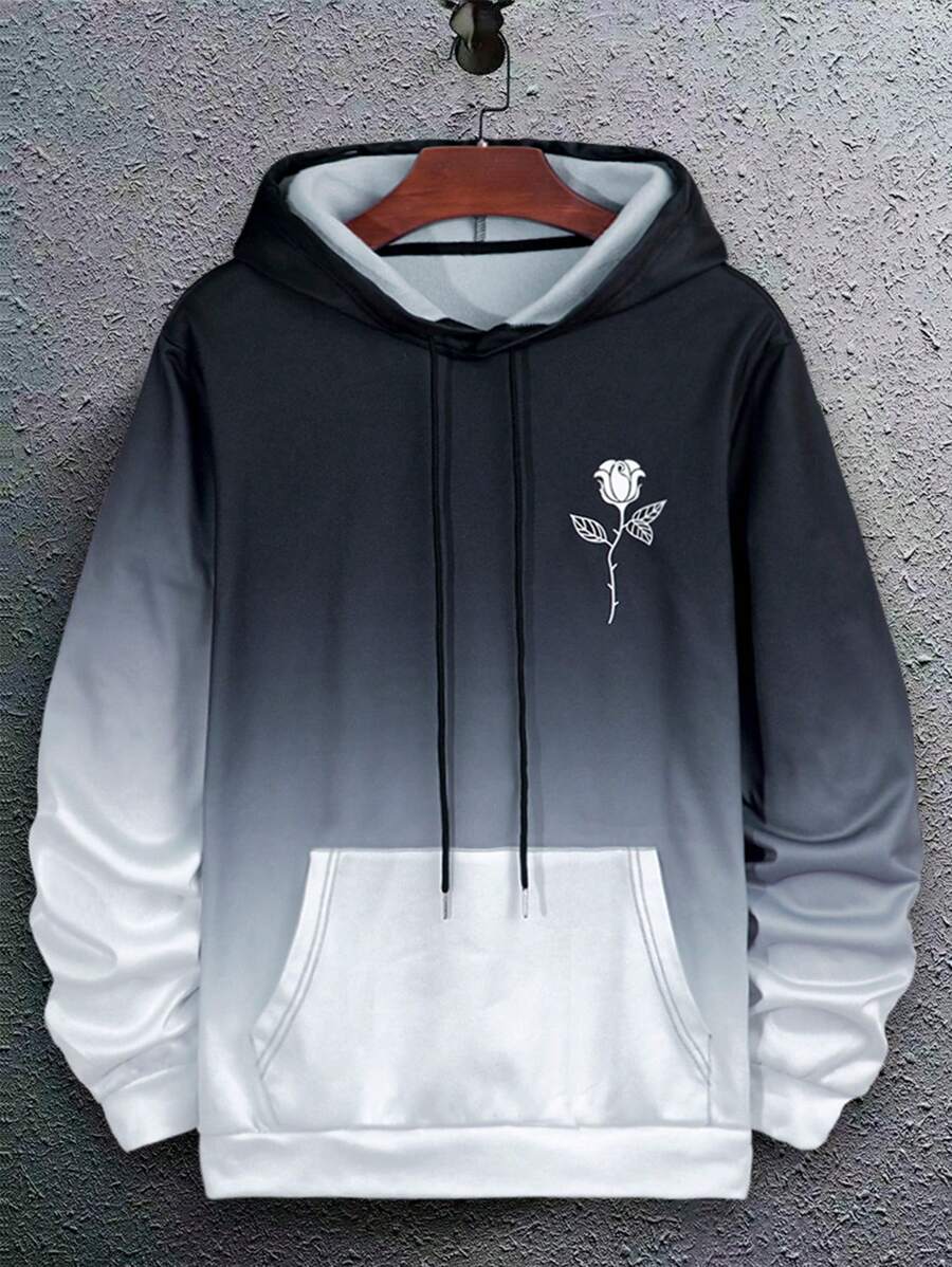 Manfinity Homme 男士渐变色花卉印花袋鼠口袋抽绳连帽衫，时代，长袖，设计师，图案，运动衫，朋友 - 黑與白 - 查看 1