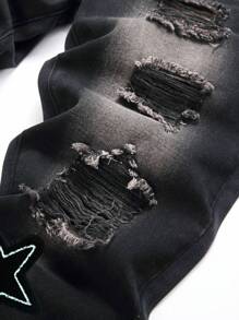 男士星星補丁貼破洞抽鬚牛仔褲 - 黑色 - 查看 7