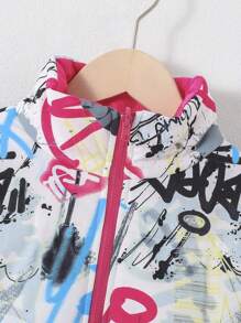 SHEIN Tween Girl 1pc Letter Graphic Reversible Padded Coat - Hot Pink - View 6