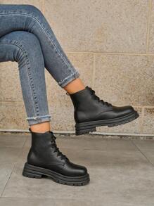 女士時尚英式風格靴子帶防滑橡膠軟底,繫帶摩托車靴子 - 黑色 - 查看 3