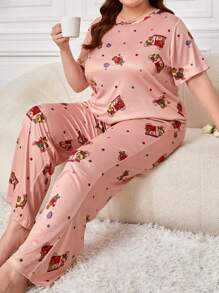 SHEIN Talla grande Conjunto de pijama con estampado de dibujos animados - Multicolor - Ver 1