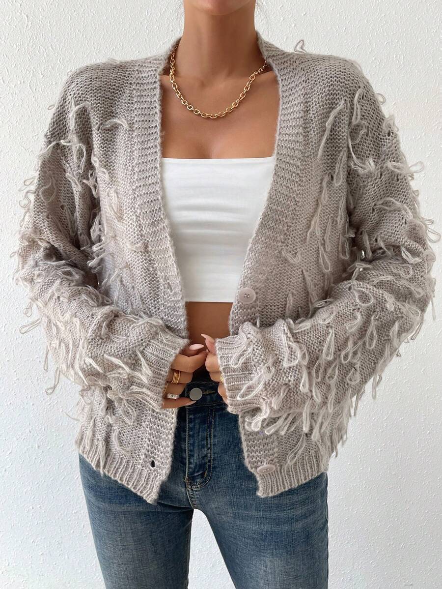 SHEIN LUNE Fringe Trim Drop Shoulder Duster Cardigan - Khaki - View 1