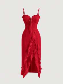 SHEIN MOD Tie Front Ruffle Trim Wrap Hem Cami Dress - Red - View 1