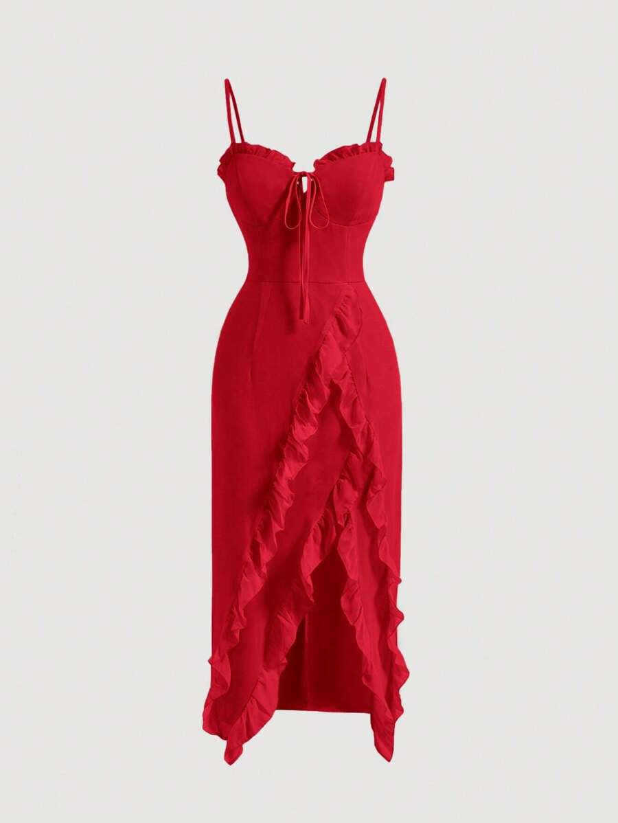 SHEIN MOD Tie Front Ruffle Trim Wrap Hem Cami Dress - Red - View 1