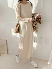 DAZY 實色肋紋針織毛衣連身裙 - 杏色 - 查看 1