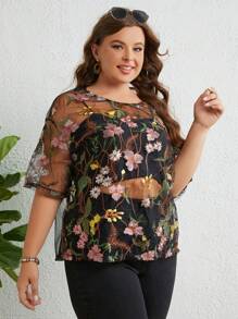 SHEIN VCAY Plus Floral Embroidery Drop Shoulder Blouse Without Cami Top - Multicolor - View 4