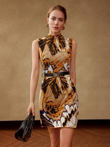 MOTF PREMIUM WOOL-BLEND ABSTRACT KNIT MOCK-NECK DRESS WITHOUT BELT - Multicolor - View 6