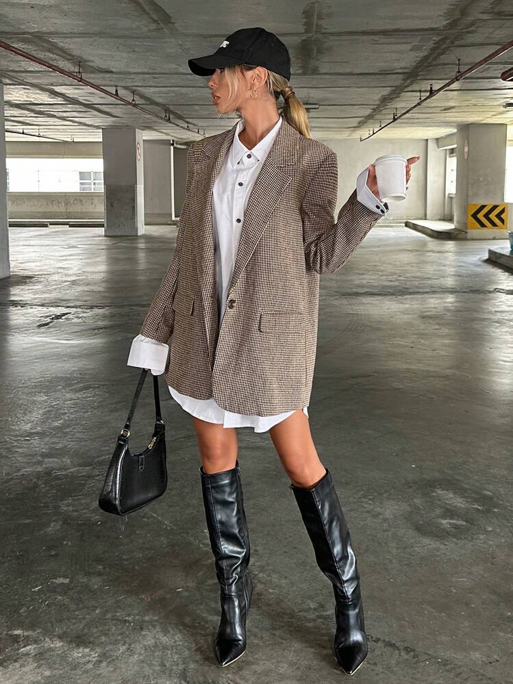 Siren Gaze Damen-Blazer mit Reverskragen und Hahnentrittmuster in Braun, Herbst/Winter, lässig kariert - Braun - Übersicht 4