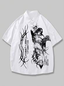 ROMWE MEN Anime Hombres Camisa con estampado de slogan y figura - Blanco - Ver 1