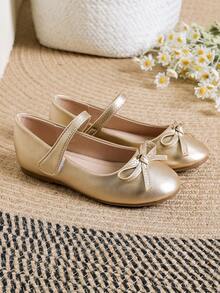 新風格女孩柔軟的舒服的鞋底表現鞋帶蝴蝶結適用於大兒童,時尚平底鞋適用於服飾和學校在秋天和冬天 - 金色 - 查看 5