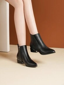 Fall/Winter Women's Sophisticated Black 4cm Leather Patchwork Pointed Toe Electric Plating Glossy Chunky Heel Side Zipper Fashionable Sexy Party Short Shaft Commuting Flat Chelsea Boots,Boots For Women - Black - View 3