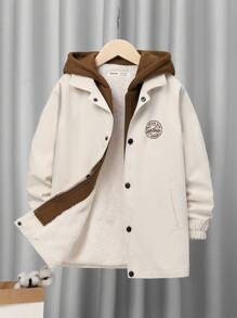 SHEIN Cậu bé Tween Lỏng lẻo phù hợp áo có mũ Khối màu Jacket thể thao - Màu be - Xem 3