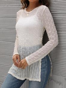 SHEIN Essnce 素色下擺開叉透視網紗上衣不附吊帶上衣 - 米色 - 查看 3