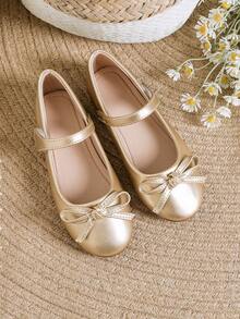 新風格女孩柔軟的舒服的鞋底表現鞋帶蝴蝶結適用於大兒童,時尚平底鞋適用於服飾和學校在秋天和冬天 - 金色 - 查看 6