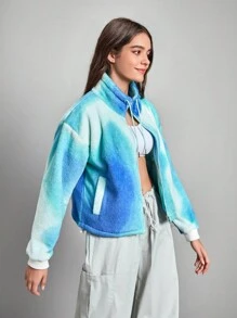 In My Nature Tie Dye Drop Shoulder Zipper Fleece Jacket - Multicolor - View 6