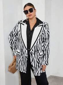 SHEIN Privé Plus Zebra Striped Print Lapel Neck Blazer - Black and White - View 6