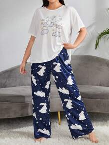 Plus Cartoon Graphic Tee & Pants PJ Set / Pajama Set - Multicolor - View 3