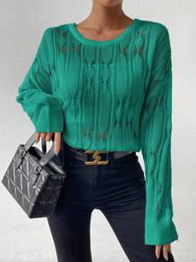 SHEIN Essnce Solid Drop Shoulder Pointelle Knit Sweater - Green - View 6