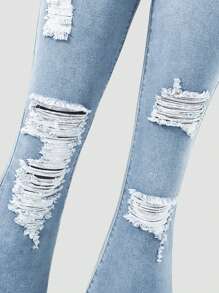 SHEIN Quần jeans ống loe cạp chun co giãn phong cách Boho đô thị cho bé gái tuổi teen có túi phẳng - Rửa nhẹ - Xem 4