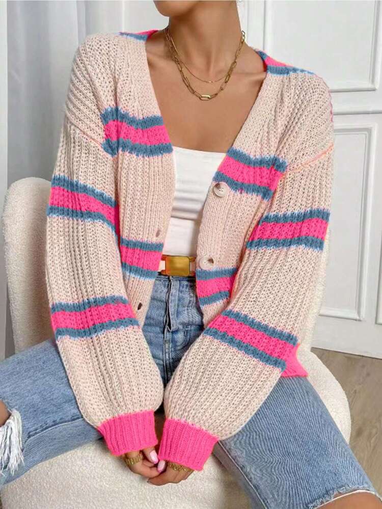 Striped Pattern Drop Shoulder Cardigan,Long Sleeve Tops Fall Winter Cloth For Women
