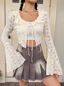 SHEIN Qutie Ruffle Trim Flounce Sleeve Knot Front Crop Blouse - Beige - View 5