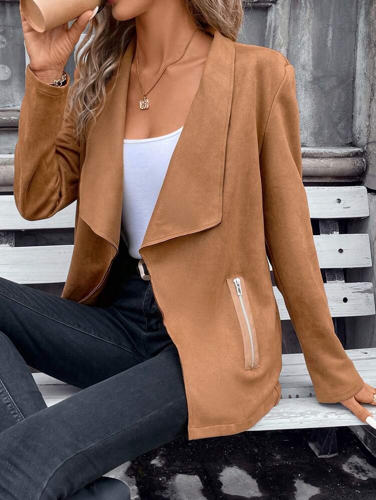 Waterfall Collar Zip Detail Coat Winter Brown Casual