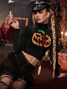 PUNK Bản in Halloween Cổ cao Áo len Crop - Nhiều màu - Xem 3