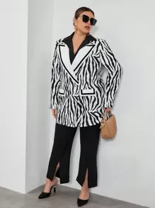SHEIN Privé Plus Zebra Striped Print Lapel Neck Blazer - Black and White - View 3