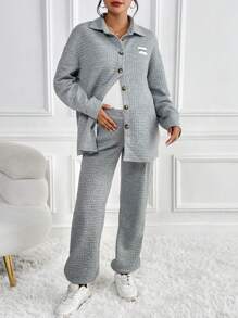 SHEIN 孕婦字母貼布落肩袖外套和運動褲 - 淺灰色 - 查看 4