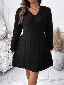 Calvaya Plus Solid Cable Knit V Neck Sweater Dress