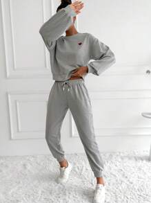 EURMUSE Heart Embroidery Drop Shoulder Sweatshirt & Sweatpants - Light Grey - View 4