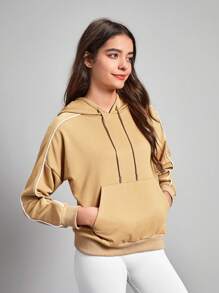 Gameset SHEIN Sport Contrast Piping Drawstring Outdoor Sweatshirt - Khaki - View 5