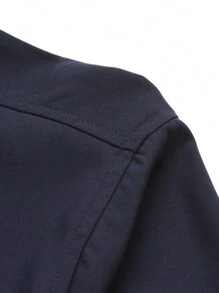 男士大码素色前排扣口袋貼布襯衫 - 深色水洗藍 - 查看 4