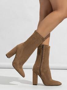 女性指頭尖橡筋中筒拉鍊踝靴,粗高跟 - 橘色 - 查看 2