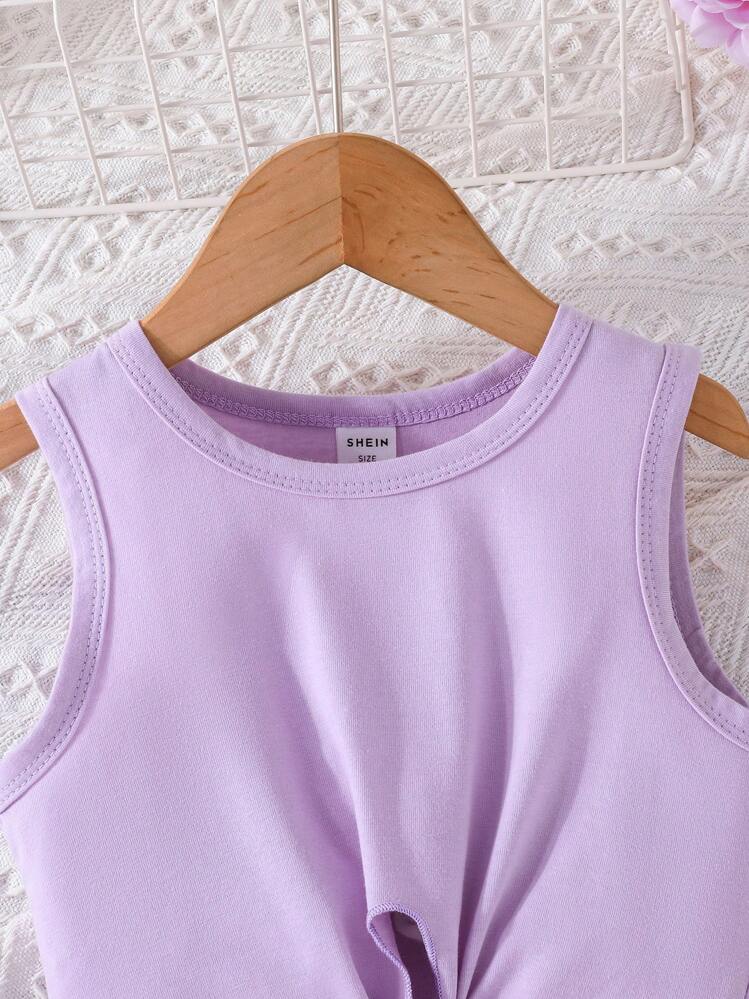 SHEIN Young Girl Knot Hem Tank Top & Striped Paperbag Waist Belted Shorts - Purple - View 3