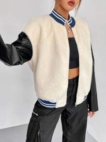 SHEIN Unity Colorblock Drop Shoulder Teddy Bomber Jacket - Multicolor - View 6