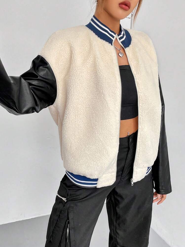 Colorblock Drop Shoulder Teddy Bomber Jacket